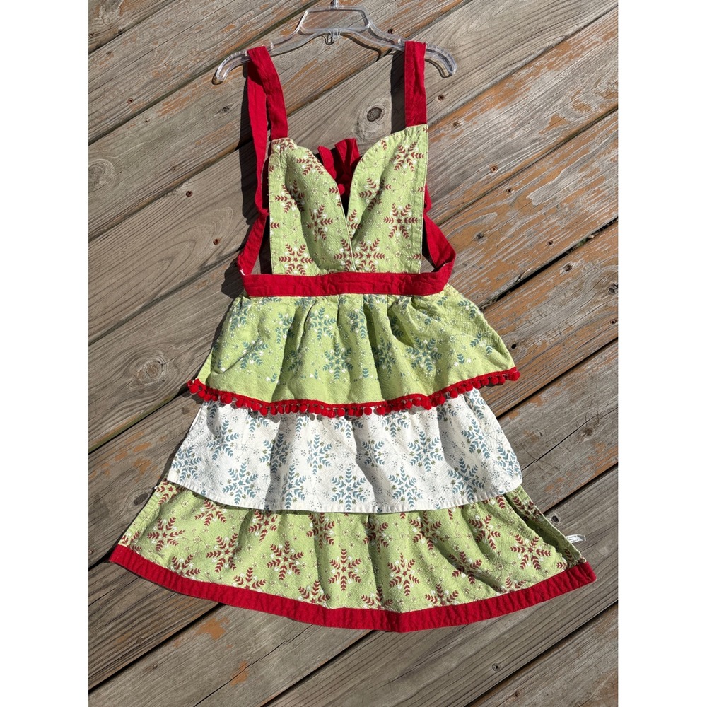 Holiday Snowflake Tiered Cotton Apron Green Red Pom Pom Trim Cross Back Tie